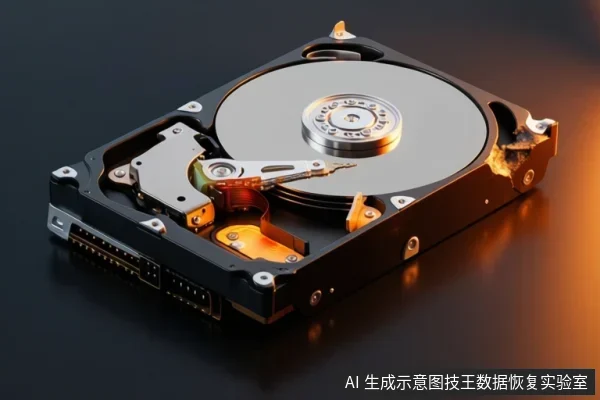 黑色背景上展示一个打开外壳的机械硬盘,可见金属盘片、中心主轴、磁头臂和底部数据接口,右侧有暖色反光。