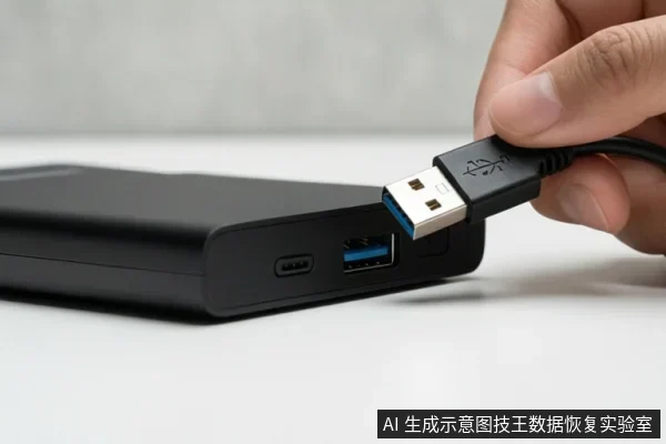 一只手在白色桌面上将蓝色USB-A插头对准黑色移动硬盘盒侧面的USB接口，旁边可见一个USB-C接口。