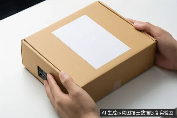 白色桌面上,一双手扶着一个贴有空白白色标签的棕色纸箱,纸箱侧面可见黑色接口。