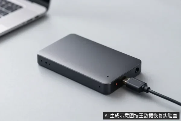 深灰色移动硬盘平放在浅色桌面,USB线插入侧面接口,接口旁亮起红色指示灯,左上方可见笔记本电脑一角。