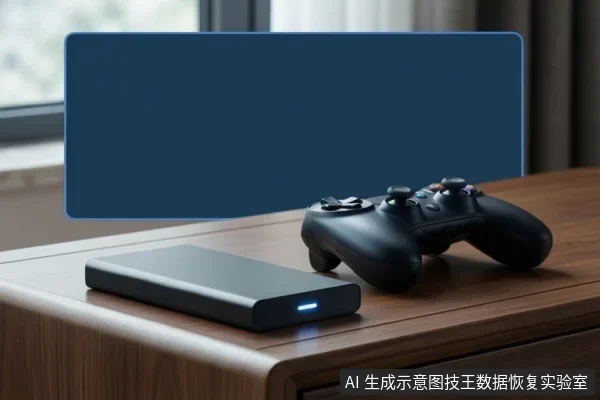 桌面上放置着一个带蓝色指示灯的黑色外置硬盘和一个黑色游戏手柄，背景是一台屏幕呈纯蓝色的显示器。