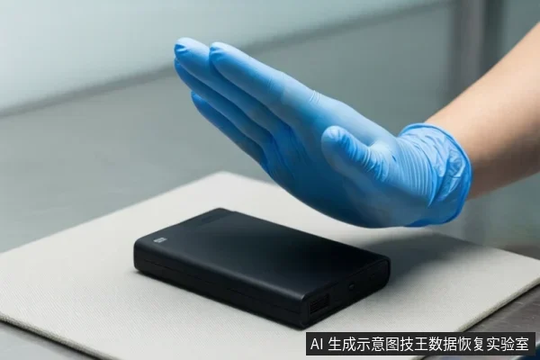 一只戴蓝色手套的手悬停在白色台面上的黑色移动硬盘上方，手掌张开，示意停止操作。