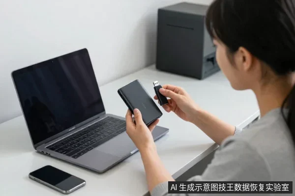 一名亚洲女性坐在桌前,左手拿着黑色移动硬盘,右手拿着U盘,面前放着一台打开的笔记本电脑和一部手机。