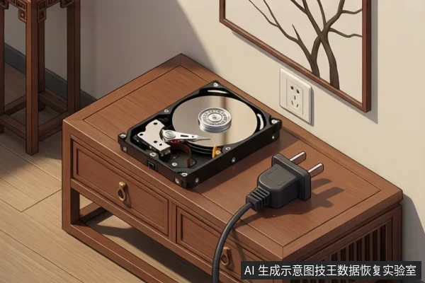 木桌上放着一个开盖的机械硬盘，旁边有一个未插入墙插的电源插头。