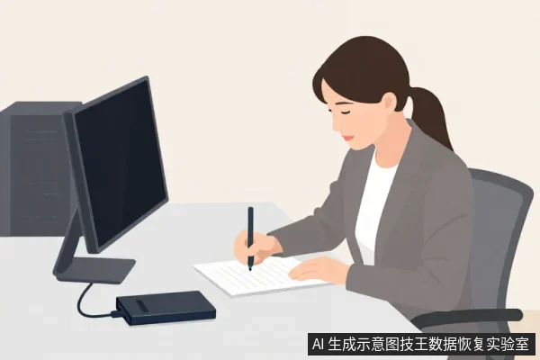 一位亚洲女性坐在办公桌前，手持笔在纸上书写，桌上放着一台黑色显示器和一台黑色外置硬盘，硬盘通过线缆连接。