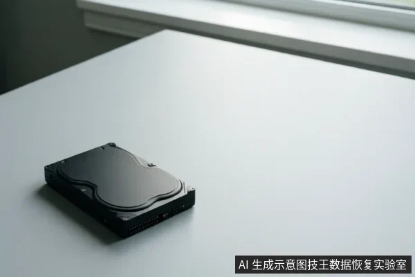 白色桌面上放置一个黑色硬盘设备,背景为窗户,设备处于静止状态。