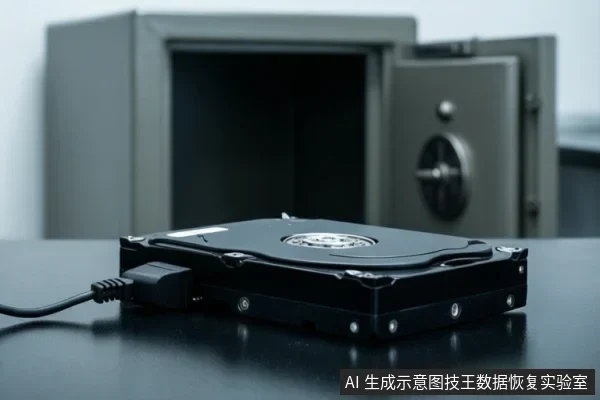 黑色桌面上放置一块连接电源线的机械硬盘，背景为打开的金属保险柜。