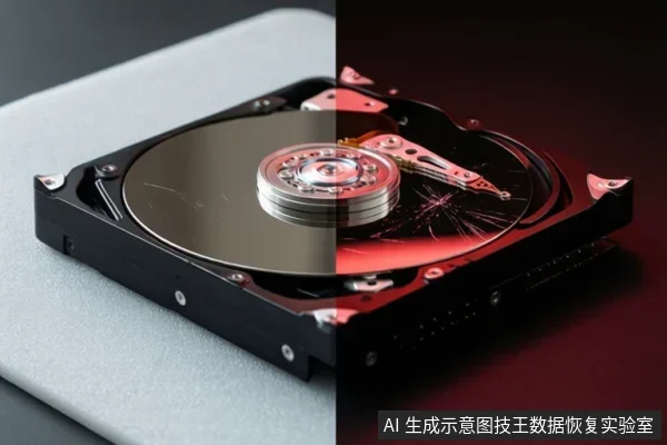 一块打开外壳的机械硬盘,画面左右分割对比:左侧盘片表面光滑,右侧盘片出现放射状裂纹,磁头臂位于盘片上方。