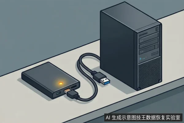 桌面上一个亮着橙色指示灯的黑色移动硬盘,通过USB线连接,USB-A插头悬空未插入,右侧为一台带光驱位的台式机主机。