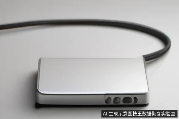 银色外置存储设备平放在浅色桌面上，连接一根黑色线缆，侧面可见接口与按钮区域