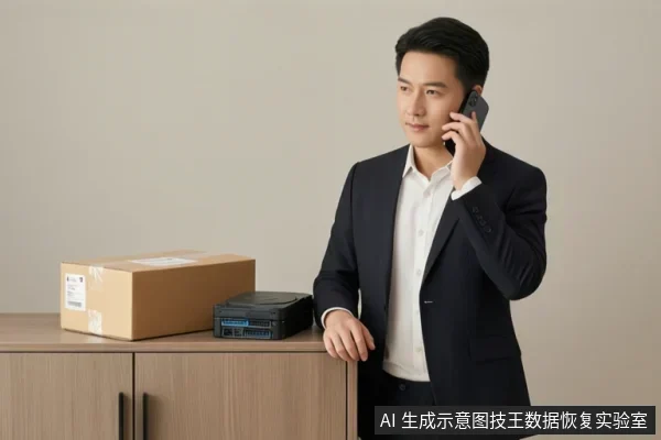 穿黑西装的亚洲男子站在木柜旁举手机通话,柜面上放着一个牛皮纸快递纸箱和一块带侧接口的机械硬盘。