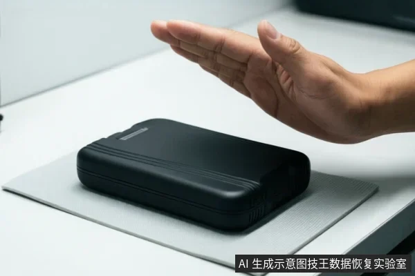 一只手悬停在白色桌面上的黑色移动硬盘上方,硬盘放置在灰色垫子上,背景为简洁的办公环境。