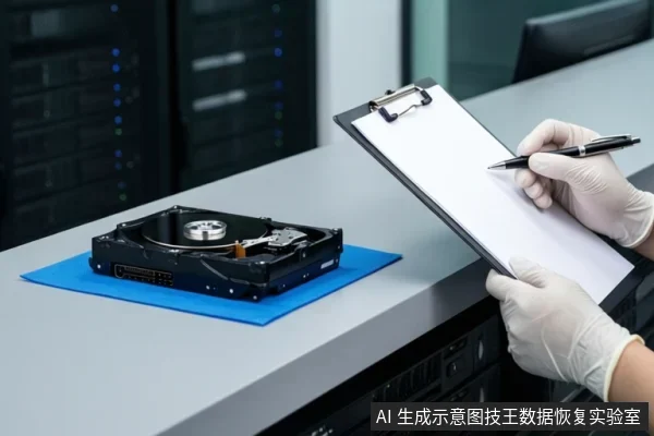 戴手套的双手在机房工作台前持写字板和笔记录，旁边蓝色防静电垫上放置一块打开的机械硬盘，背景为服务器机柜。