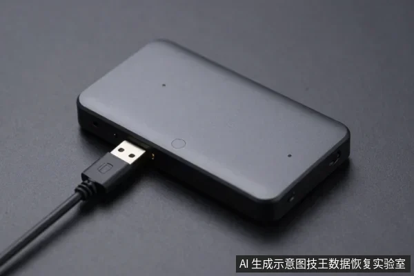 黑色外置硬盘平放于深色桌面,USB数据线插在硬盘侧面接口上,硬盘表面有指示灯和圆形按钮。