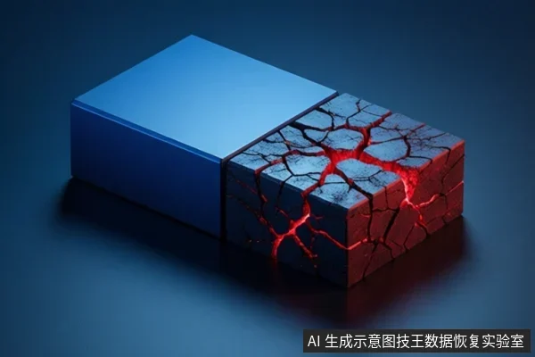 画面中一个长方体存储设备被分为两部分，左侧为蓝色完整外壳，右侧外壳碎裂，内部透出红色裂纹状光芒，背景为深色。
