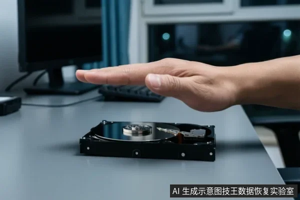 办公桌面上一块打开的机械硬盘平放,一只手掌悬停在硬盘上方,背景有显示器和键盘。