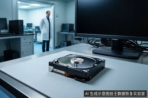 实验室桌面上放置一块打开外壳的机械硬盘,旁边有显示器,背景中一名穿白大褂的人员站在机房内。