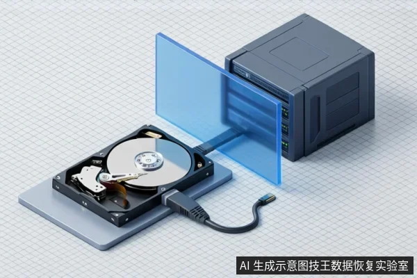 一块机械硬盘平放在灰色底座上，通过线缆连接至右侧的深灰色设备，中间有一块蓝色透明挡板示意数据流向。