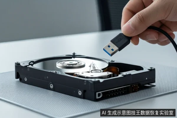 一只手拿着蓝色USB插头悬在打开的机械硬盘上方,硬盘盘片与磁头组件可见,放置在灰色垫面上。
