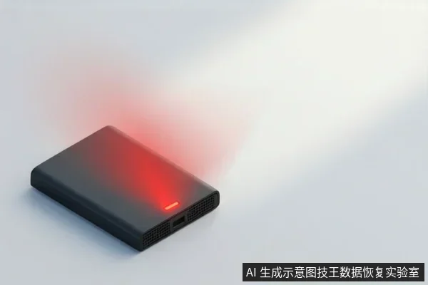 画面中一个黑色移动硬盘平放在浅色背景上,设备表面有一片明显的红色光晕,前端可见接口和指示灯。