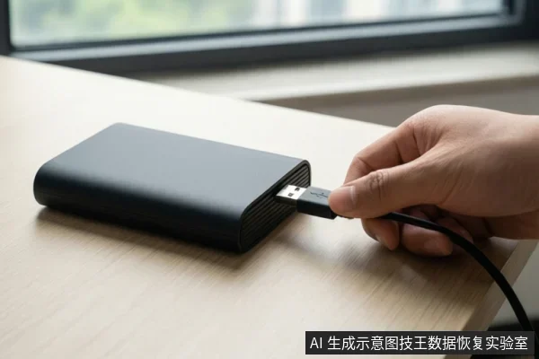 一只手正将USB数据线插入桌面上的黑色移动硬盘接口,背景为窗边桌面。