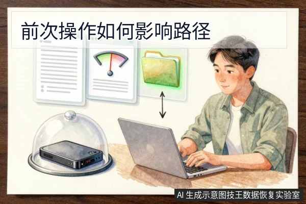 一名亚洲男性坐在桌前使用笔记本电脑,旁边有悬浮的文档、仪表盘和文件夹图标,左下角玻璃罩内放着一块移动硬盘。