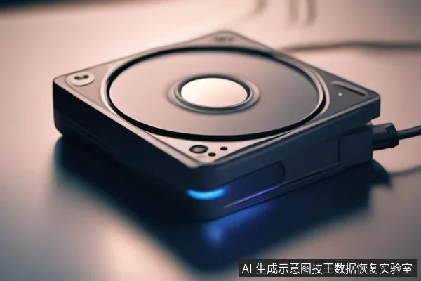 一个方形移动硬盘平放在桌面上,右侧插入USB数据线,机身前侧亮着蓝色指示灯,顶部外壳可见圆形盘片结构。
