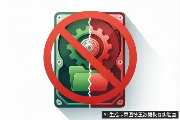 一个被红色禁止符号覆盖的硬盘示意图,硬盘中间有裂缝,内部显示齿轮和文件夹图标。
