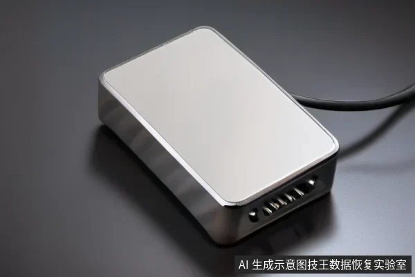 银色金属外壳的移动硬盘连接着黑色数据线，静置在深色反光桌面上。