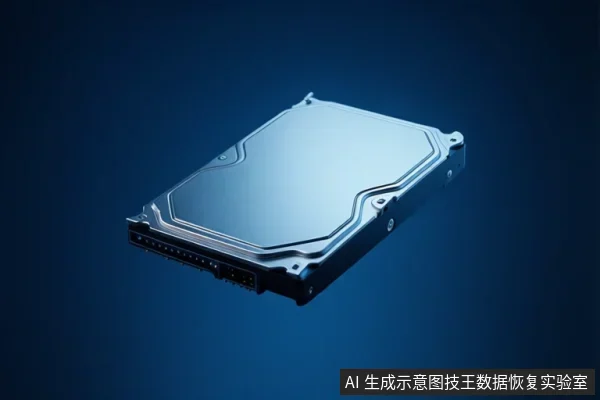 蓝色背景中悬浮展示一块银色金属外壳的机械硬盘,可见接口端与固定螺丝,无文字。