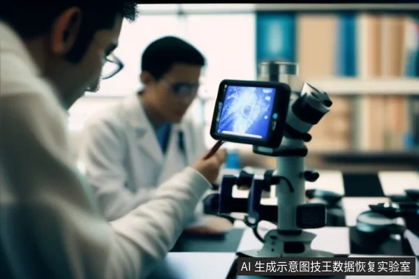 两名穿白大褂的技术人员在实验台前操作一台带数字显示屏的体视显微镜,屏幕上显示蓝色放大的芯片表面图像,一人俯身观察,另一人在旁协助。