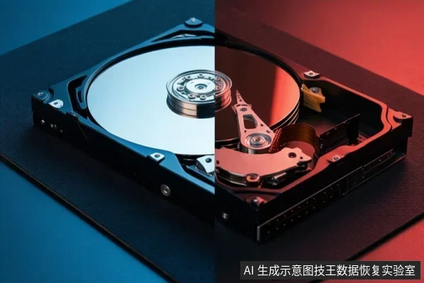 一张机械硬盘内部结构的特写照片,画面被垂直分割为左右两部分。左侧为冷色调,展示了光亮的金属盘片;右侧为暖色调,清晰展示了复杂的磁头臂组件、主轴电机以及盘片堆叠结构。
