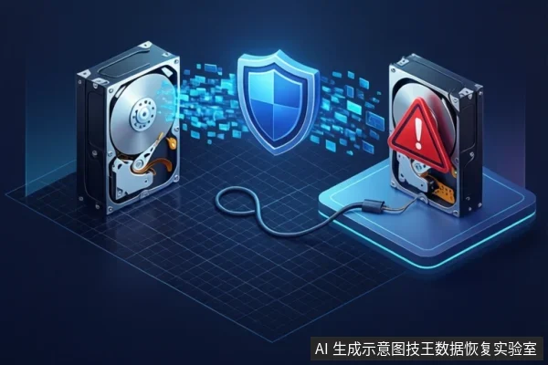 两块机械硬盘分立两侧，中间有蓝色盾牌图标，右侧硬盘上有红色警告三角，并用数据线连接底座。