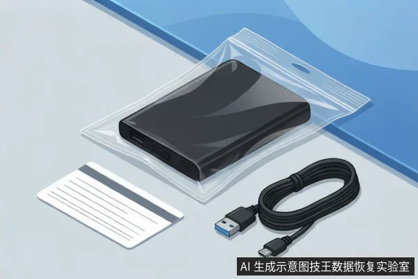 黑色移动硬盘放在透明自封袋中,旁边有一张带横线的白色记录卡和一根盘绕的USB数据线,置于浅蓝色桌面上。
