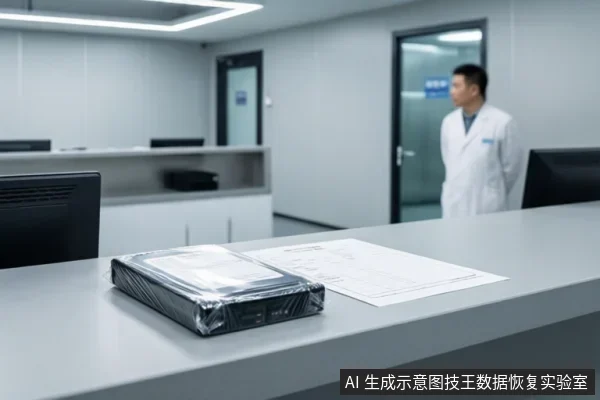 实验室前台桌面上放着一块用透明塑料膜包裹的硬盘和一张空白表格,背景中有一名穿白大褂的亚洲成年男性站在门口附近。