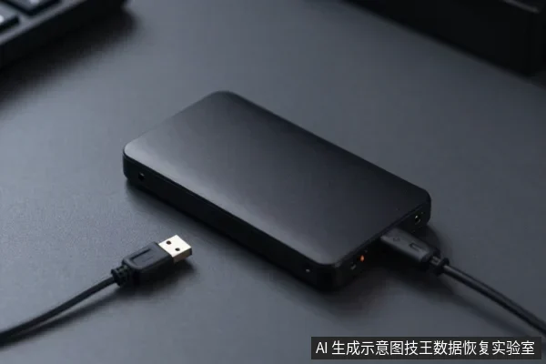 黑色桌面上的黑色移动硬盘，USB数据线插在硬盘侧面接口，线缆另一端USB插头置于桌面。