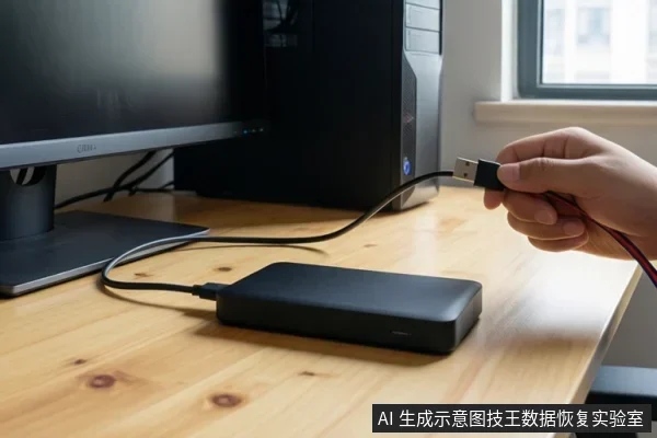 一只手拿着USB数据线,准备插入桌面上的黑色移动硬盘,旁边有显示器和电脑主机。