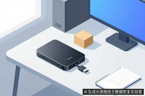 桌面上放着一块黑色移动硬盘,通过USB线连接,旁边有台式主机、显示器、纸箱和笔记本。