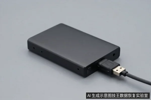 灰色桌面上放置一块黑色长方形外置硬盘，侧面有指示灯孔，USB数据线插在接口上，线缆延伸出画面。
