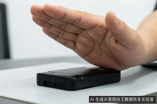一只手悬停在桌面上的黑色移动硬盘上方,手掌张开,背景为浅色桌面和模糊的室内环境。