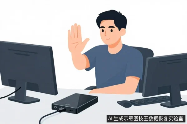 一名亚洲男性坐在桌前,右手抬起做出停止手势,面前有两台显示器、键盘、鼠标和一个连接着数据线的黑色移动硬盘。
