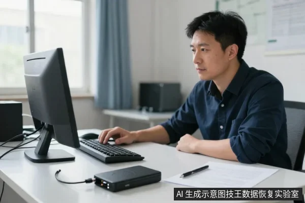 一名亚洲男性坐在办公桌前,专注看着电脑显示器,右手放在键盘上,桌上放着黑色外置硬盘盒、笔和纸张。