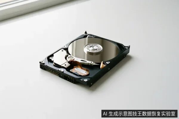 白色桌面上放置一块打开顶盖的机械硬盘，可见金属盘片、中心主轴、磁头臂和接口，无操作动作。