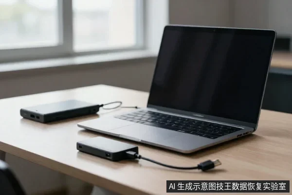木质桌面上放着一台打开的银色笔记本电脑，旁边有两个黑色移动硬盘，其中一个通过数据线连接电脑，另一个单独放置。
