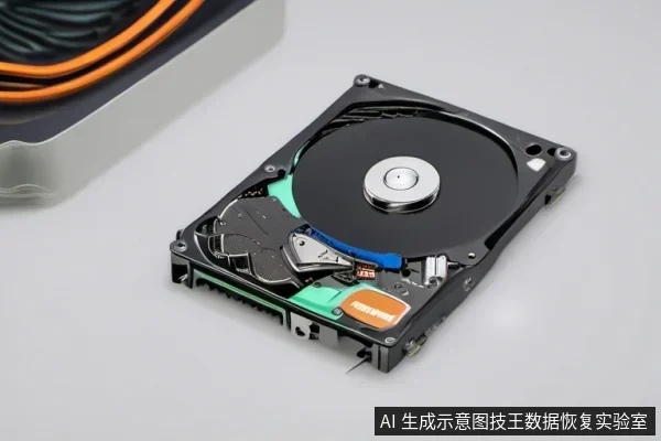 一块拆开顶盖的机械硬盘平放在浅色桌面上,可见圆形盘片、中心主轴、磁头臂与底部接口,左上角有一束线缆。