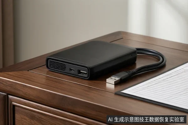 木桌上放置一个黑色外置硬盘和一根USB数据线，旁边有一张带网格的纸。