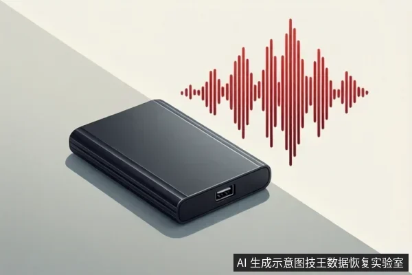 画面中有一个黑色移动硬盘,旁边有红色声波图形,示意异响或声音信号。