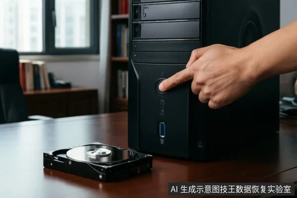办公桌上放置一台黑色台式电脑主机，一只手正按压主机前部的电源按钮，桌面上还放着一块裸露的机械硬盘。