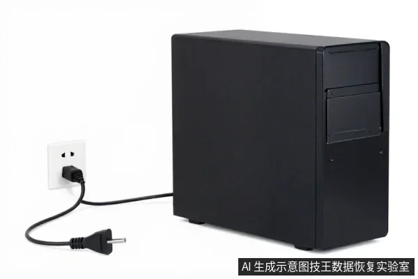 黑色台式电脑主机侧面朝前放置,电源线插头插在墙面插座上,线缆连接至主机后方。