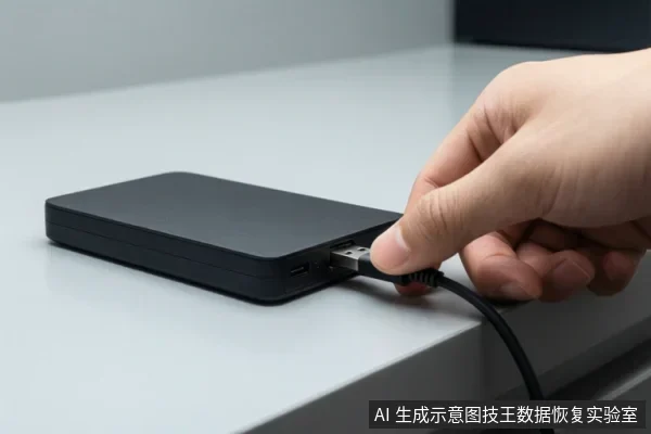 白色桌面上放着一个黑色移动硬盘,右侧一只手正将USB数据线插入硬盘接口。
